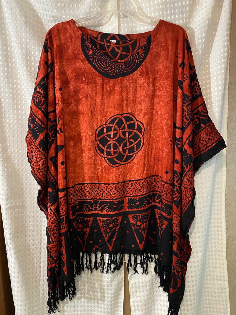 Vintage Burnt Orange Mandala Batik Fringed Poncho Size L